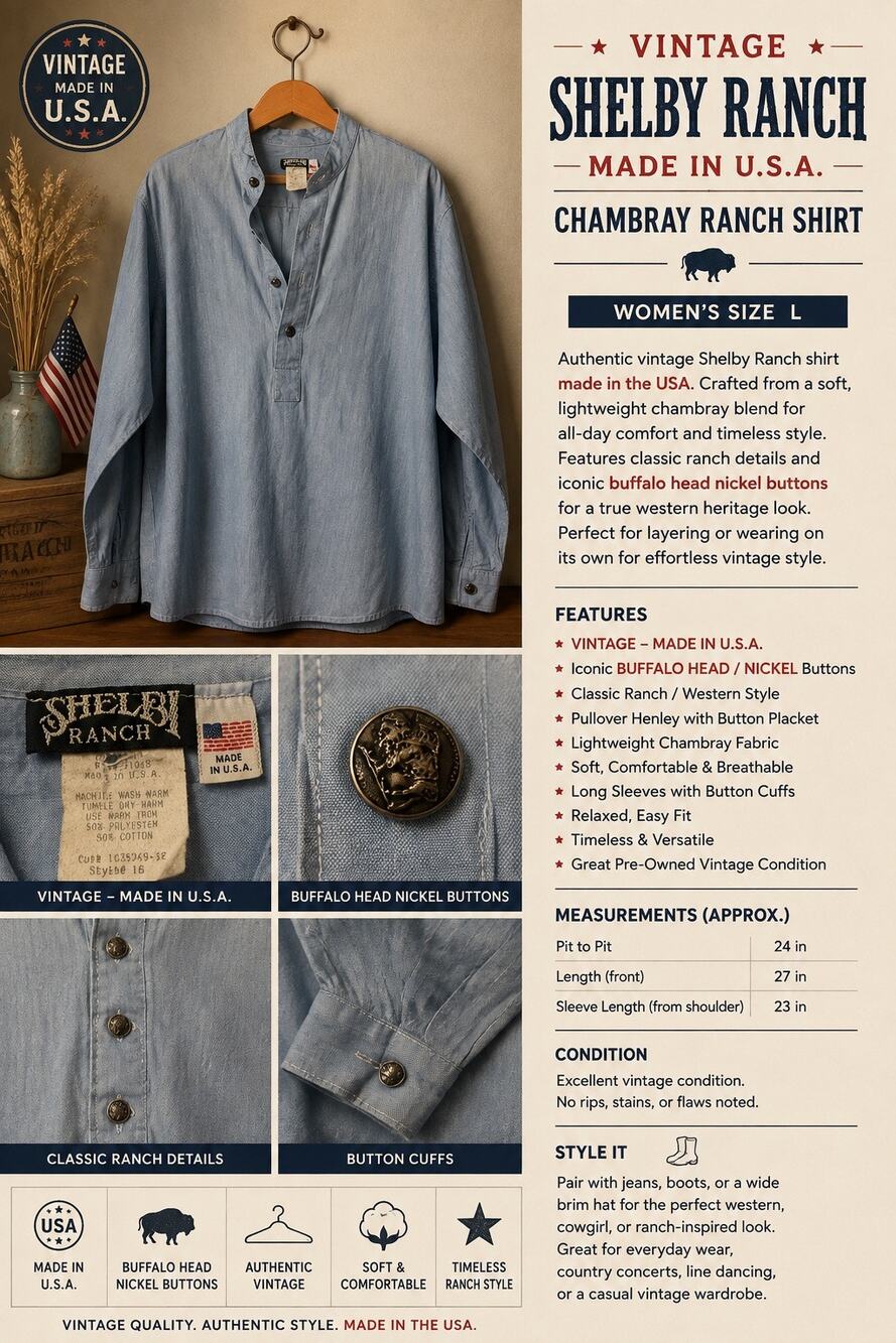 Vintage Shelby Ranch Chambray Henley Made in USA Buffalo Nickel Buttons L